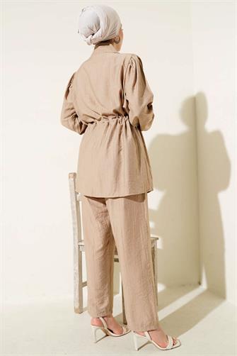 4952 Gold Düğmeli Çilek Takım - Bej