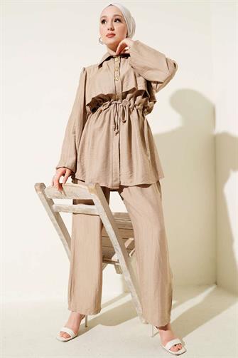 4952 Gold Düğmeli Çilek Takım - Bej