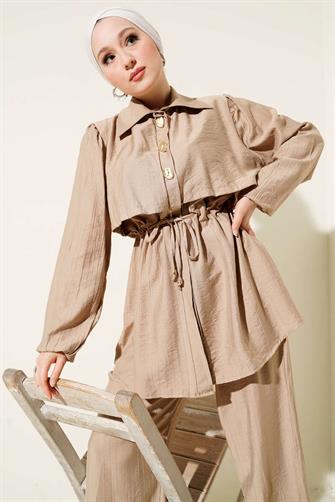 4952 Gold Düğmeli Çilek Takım - Bej