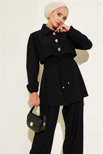 4952 Gold Düğmeli Çilek Takım - Siyah