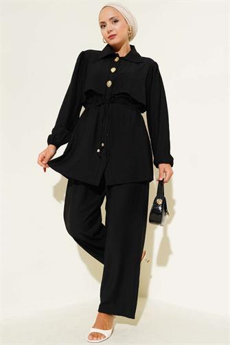 4952 Gold Düğmeli Çilek Takım - Siyah