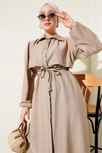 4963 Gold Düğmeli Çilek Takım - Vizon