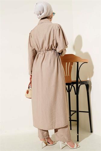 4963 Gold Düğmeli Çilek Takım - Vizon