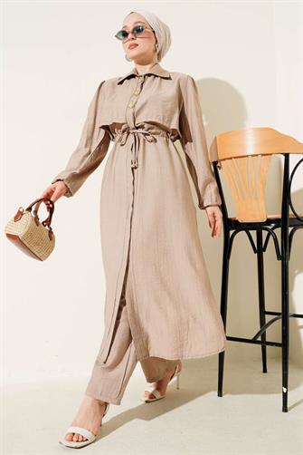 4963 Gold Düğmeli Çilek Takım - Vizon