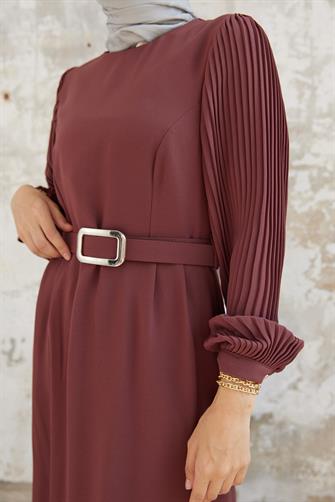 5014 Kolları Piliseli Elbise - Gül Kurusu