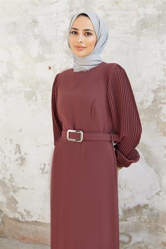 5014 Kolları Piliseli Elbise - Gül Kurusu