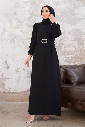 5014 Kolları Piliseli Elbise - Siyah