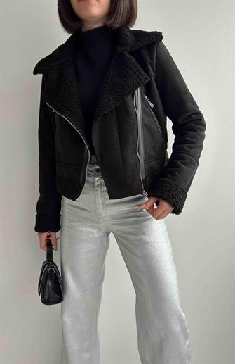 5170 Peluşlu Süet Mont - Siyah