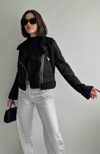 5170 Peluşlu Süet Mont - Siyah