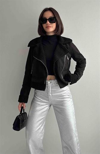 5170 Peluşlu Süet Mont - Siyah