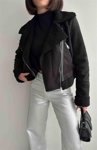 5170 Peluşlu Süet Mont - Siyah