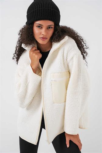 55446 Fermuarlı Oversize Peluş Ceket Mont - Krem