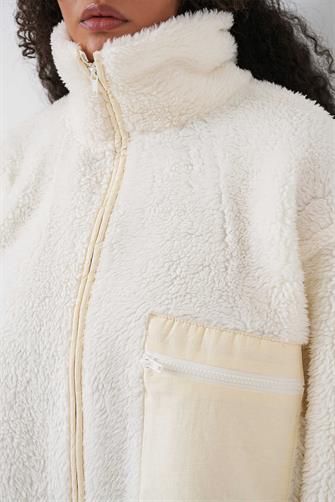 55446 Fermuarlı Oversize Peluş Ceket Mont - Krem