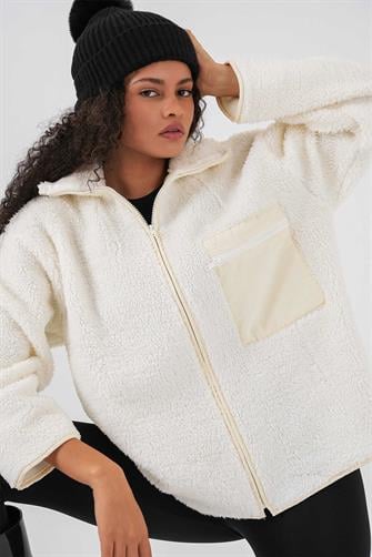55446 Fermuarlı Oversize Peluş Ceket Mont - Krem