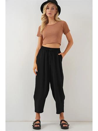 6591 Dokuma Şalvar Pantolon - Siyah