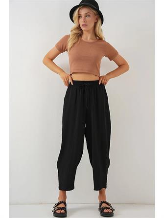 6591 Dokuma Şalvar Pantolon - Siyah