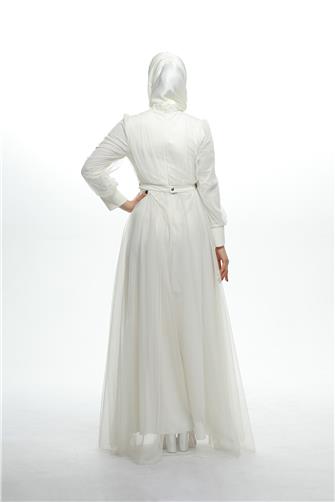 670 Önü Fırfırlı Kemeri İnci Detaylı Tül Elbise - Krem