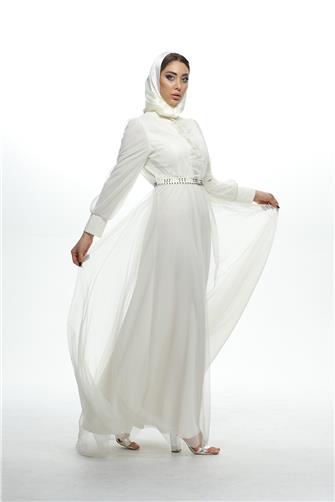 670 Önü Fırfırlı Kemeri İnci Detaylı Tül Elbise - Krem