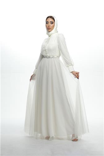 670 Önü Fırfırlı Kemeri İnci Detaylı Tül Elbise - Krem