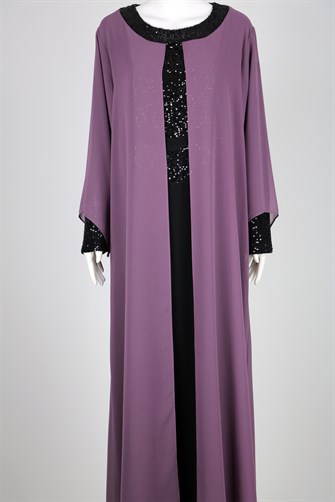 7015 Pullu Payetli Şifon Elbise - Mürdüm