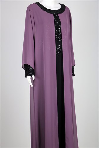 7015 Pullu Payetli Şifon Elbise - Mürdüm