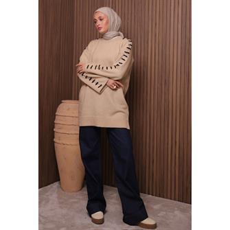 7028 Kolları İp Geçişli Yumoş Tunik - Bej