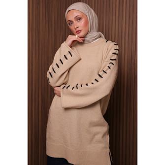 7028 Kolları İp Geçişli Yumoş Tunik - Bej