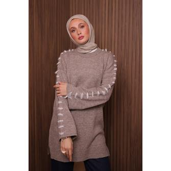 7028 Kolları İp Geçişli Yumoş Tunik - Kahverengi