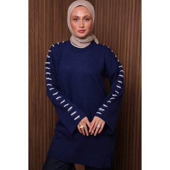 7028 Kolları İp Geçişli Yumoş Tunik - Lacivert