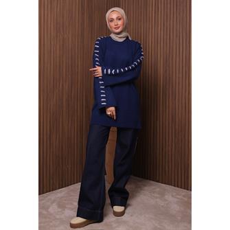 7028 Kolları İp Geçişli Yumoş Tunik - Lacivert