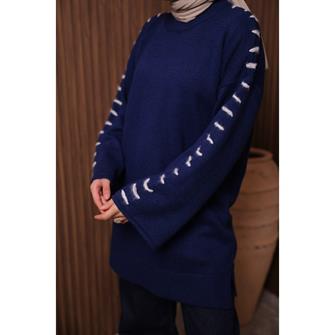 7028 Kolları İp Geçişli Yumoş Tunik - Lacivert