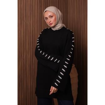 7028 Kolları İp Geçişli Yumoş Tunik - Siyah