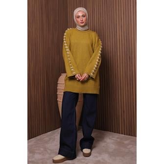 7028 Kolları İp Geçişli Yumoş Tunik - Yağ Yeşili