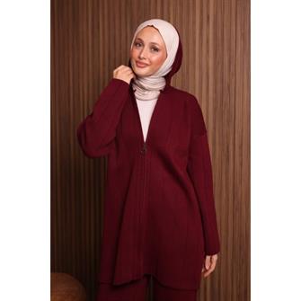 7033 Fermuarlı Kapşonlu Triko Takım - Bordo