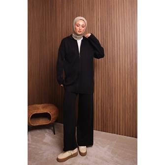 7033 Fermuarlı Kapşonlu Triko Takım - Siyah