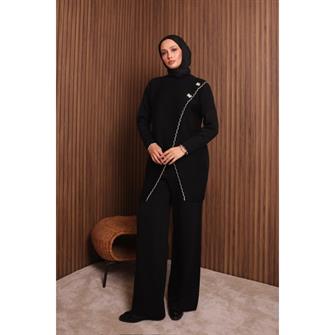 7039 Çoban Dikişli Önü Çapraz Triko Takım - Siyah