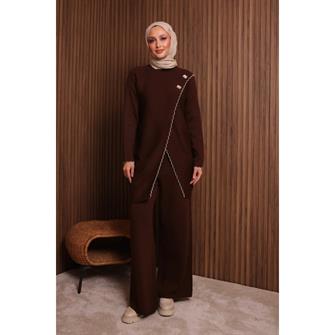 7039 Çoban Dikişli Önü Çapraz Triko Takım - Kahverengi