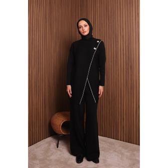 7039 Çoban Dikişli Önü Çapraz Triko Takım - Siyah