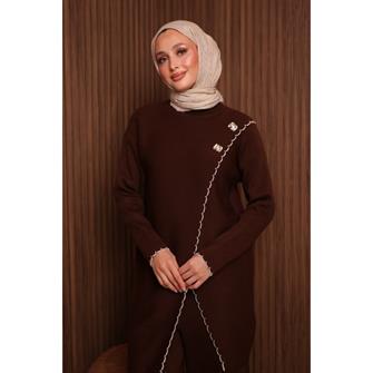 7039 Çoban Dikişli Önü Çapraz Triko Takım - Kahverengi