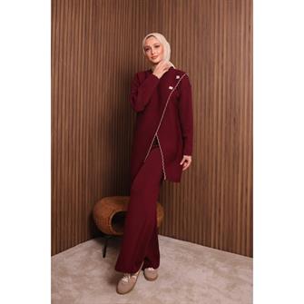 7039 Çoban Dikişli Önü Çapraz Triko Takım - Bordo
