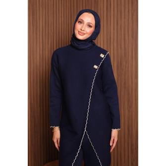 7039 Çoban Dikişli Önü Çapraz Triko Takım - Lacivert