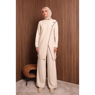 7039 Çoban Dikişli Önü Çapraz Triko Takım - Bej