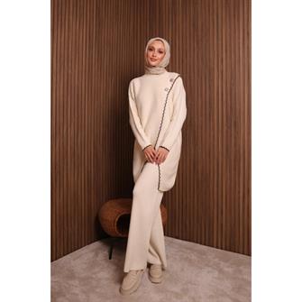 7039 Çoban Dikişli Önü Çapraz Triko Takım - Bej