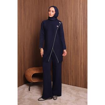 7039 Çoban Dikişli Önü Çapraz Triko Takım - Lacivert