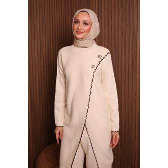7039 Çoban Dikişli Önü Çapraz Triko Takım - Bej