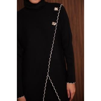 7039 Çoban Dikişli Önü Çapraz Triko Takım - Siyah