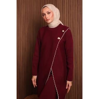 7039 Çoban Dikişli Önü Çapraz Triko Takım - Bordo