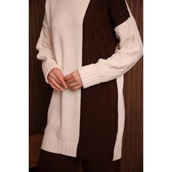 7040 Renk Garnili Örgü Desen Triko Takım - Kahverengi