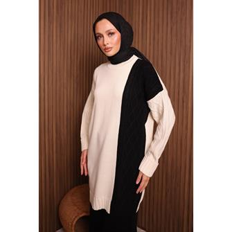 7040 Renk Garnili Örgü Desen Triko Takım - Siyah