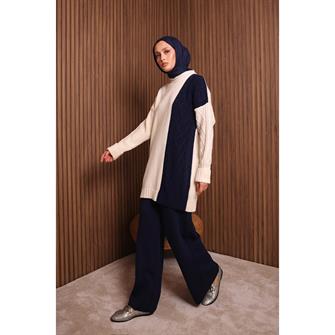 7040 Renk Garnili Örgü Desen Triko Takım - Lacivert